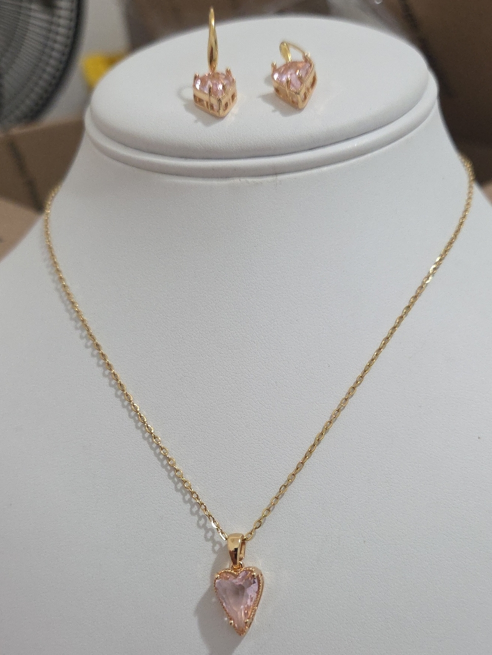 14k Laminated Gold Heart Pendant Necklace and Earring Set with Pink Gem